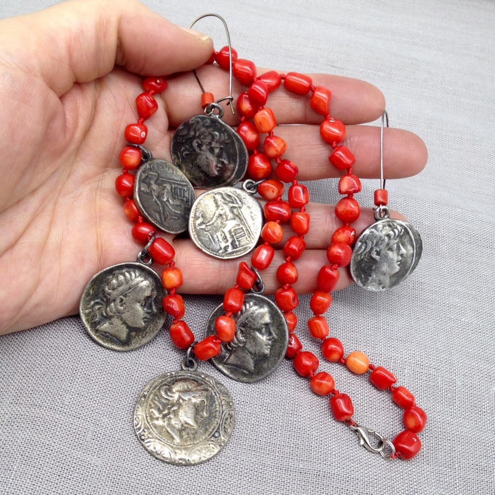 Vintage Coral & Greek Coin Necklace & Earrings Set - Picture 3 of 11